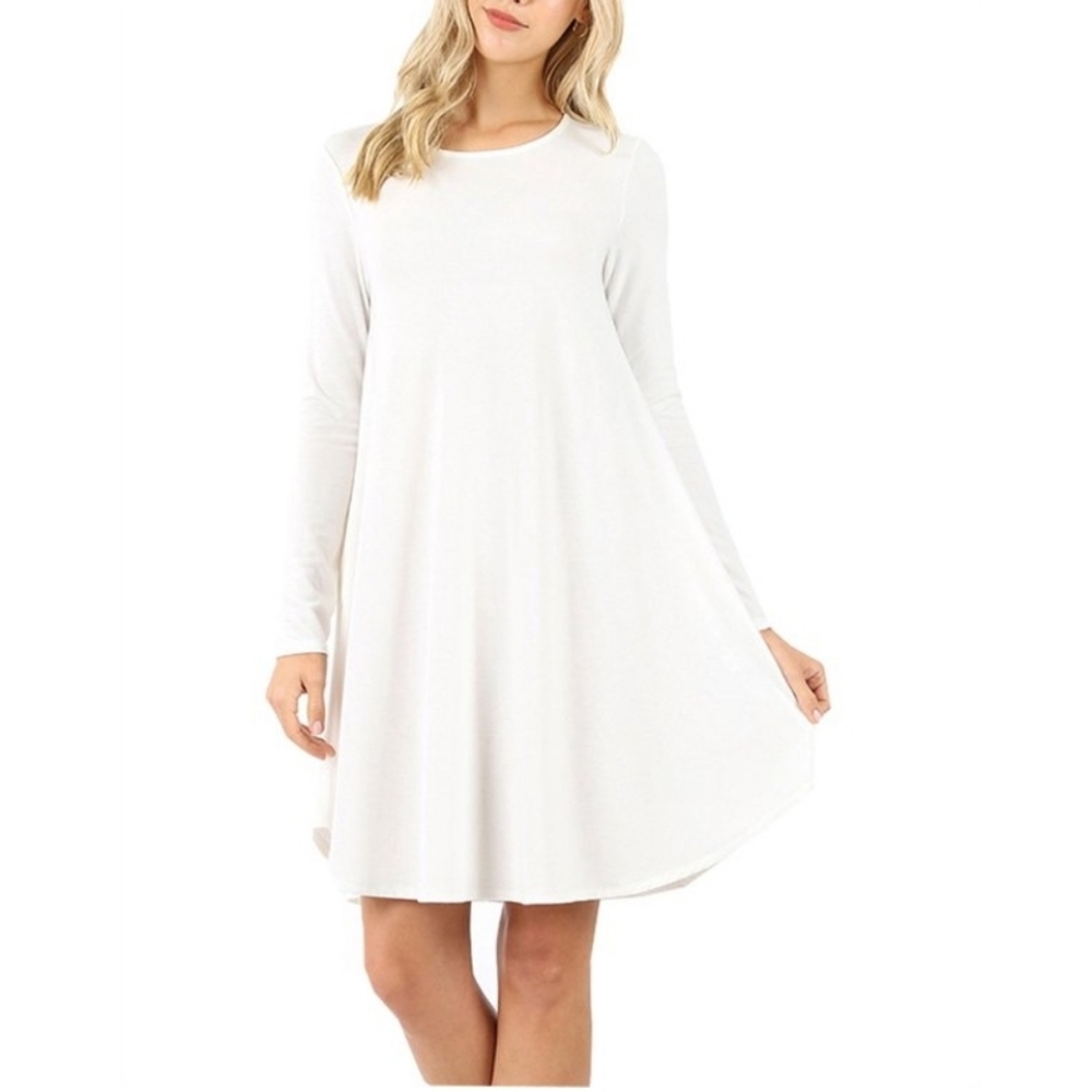 Zenana Premium (M) White Oversize Long Sleeve Shirt Dress